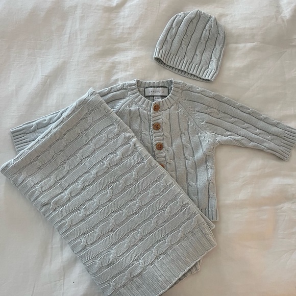 Jake and Jill matching cardigan, knit hat, and blanket - Picture 1 of 3